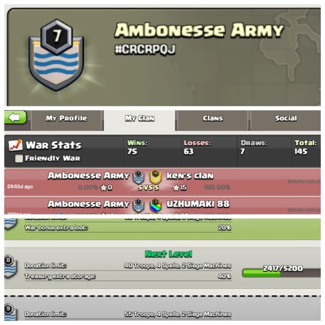 C95◆CLAN NAME:AMboNESSE ARMY◆CLAN LEVEL:7◆POSITIVE WAR LOG: WINS-75 | LOSS-63◆INSTANT DELIVERY◈EXTRA ORDINARY STORE