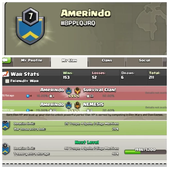 C96◆CLAN NAME:AMERiNdo◆CLAN LEVEL:7◆POSITIVE WAR LOG: WINS-153,LOSS-52◆KYC SELLER◈EXTRA ORDINARY STORE