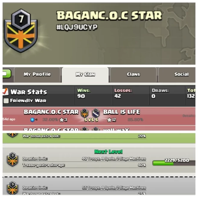 C97▰CLAN NAME:BAGANC.O.C STAR▰CLAN LEVEL:7▰POSITIVE WAR LOG: WINS-90 / LOSS-42▰KYC SELLER◈EXTRA ORDINARY STORE