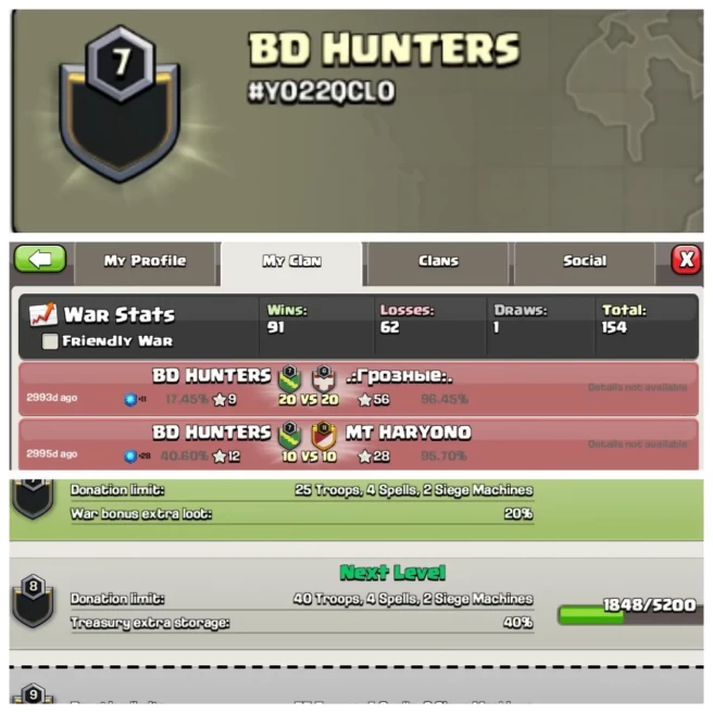 C99◆CLAN NAME:BD HUNTERS◆CLAN LEVEL:8◆POSITIVE WAR LOG: WINS-91,LOSS-62◆EASY DELIVERY◈EXTRA ORDINARY STORE
