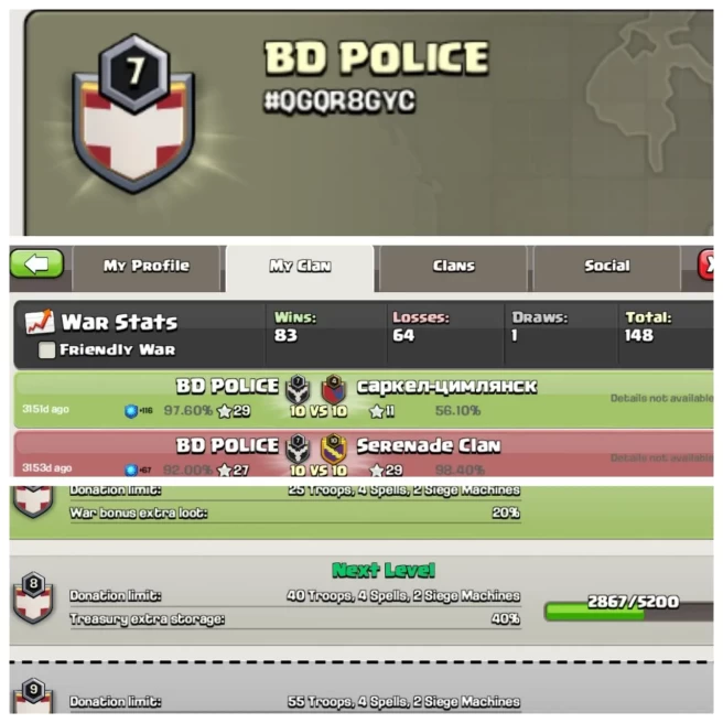C100◈NAME:BD POLICE◈LEVEL:7◈POSITIVE WAR LOG: WINS-83 / LOSS-64◈INSTANT DELIVERY◈EXTRA ORDINARY STORE