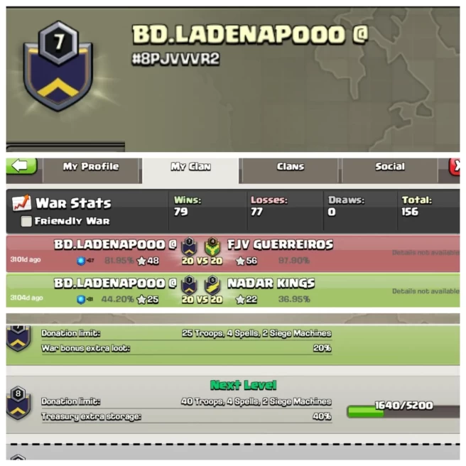 C101◈CLAN NAME:BD.LADENAPOOO @◈CLAN LEVEL:7◈POSITIVE WAR LOG: WINS-79 / LOSS-77◈EASY DELIVERY◈EXTRA ORDINARY STORE