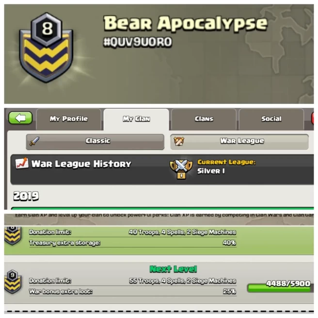 C102◆CLAN NAME-Bear apocalypse◆CLAN LEVEL:8◆CWL: SILVER 1◆VERY OLD CLAN◈EXTRA ORDINARY STORE
