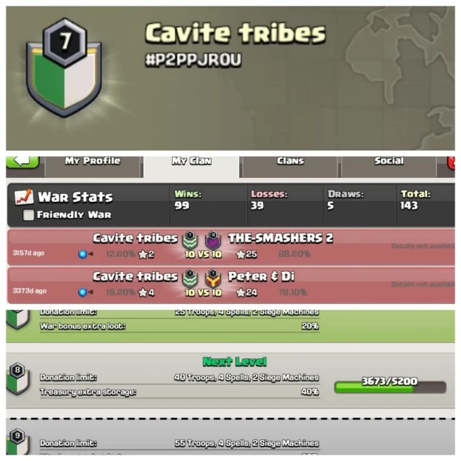 C104▰CLAN NAME:cavite tribes▰CLAN LEVEL:7▰POSITIVE WAR LOG: WINS-99 / LOSS:39▰TRUSTED SELLER