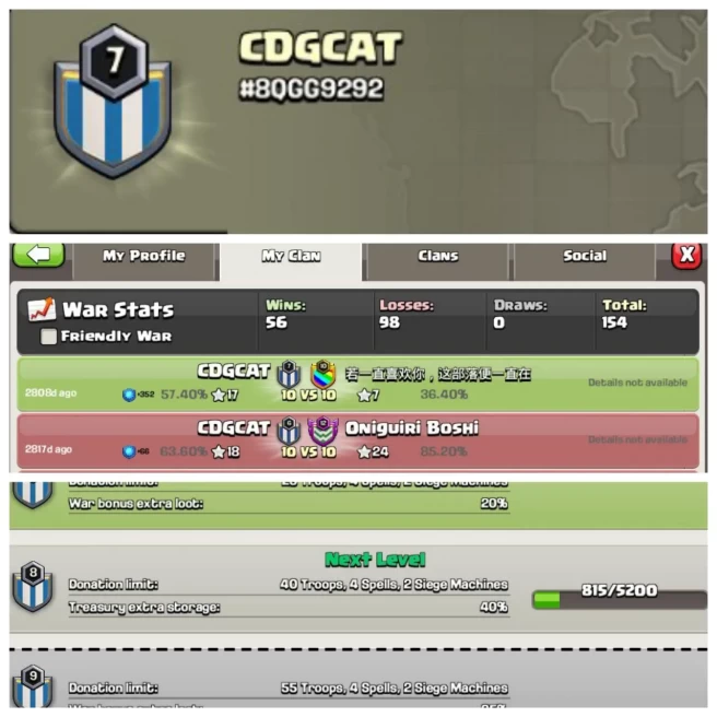 C105◆CLAN NAME: CDGCAT◆LEVEL:7◆WAR LOG: WINS-56 / LOSS-98◆International COC Clan◈EXTRA ORDINARY STORE