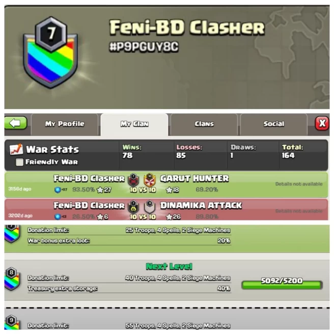C108◆NAME: feni-bd clasher◆LEVEL: 7◆WAR LOG: WINS-78 ,LOSS-85◆Lifetime Support◈EXTRA ORDINARY STORE