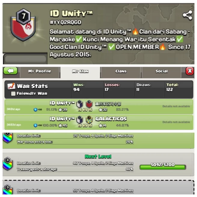 C109◈CLAN NAME: id unity tm◈CLAN LEVEL: 7◈POSITIVE WAR LOG: WINS-94 /LOSS-17◈Safe clan transfer◈EXTRA ORDINARY STORE