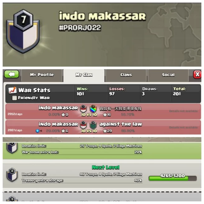 C110▰NAME: iNdo makassar▰LEVEL: 7▰POSITIVE WAR LOG: WINS-101 / LOSS-97▰Secure payment for CLan◈EXTRA ORDINARY STORE