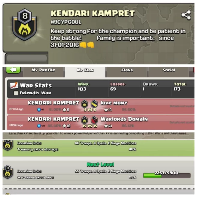 C112◈NAME:KENDARI KAMPRET◈LEVEL:8◈POSITIVE WAR LOG: WINS-103 / LOSS-69◈WAR CLAN FOR SALE◈EXTRA ORDINARY STORE