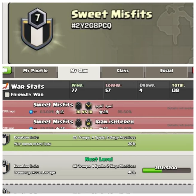 C116▰CLAN NAME:sweet misfits▰CLAN LEVEL:7▰POSITIVE WAR LOG: WINS-77 / LOSS-57▰Competitive War Clan◈EXTRA ORDINARY STORE