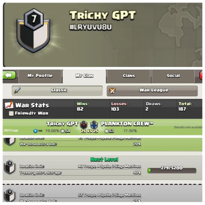 C118◈NAME:TRICHY GPT◈LEVEL: 7◈WAR LOG: WINS-82,LOSS-103◈INSTANT DELIVERY◈EXTRA ORDINARY STORE