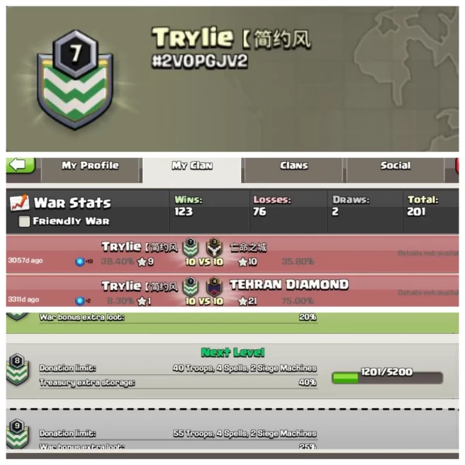 C119▰CLAN NAME: TRYLIE▰CLAN LEVEL:7▰POSITIVE WAR LOG:WINS-123 / LOSS-76▰TRUSTED SELLER◈EXTRA ORDINARY STORE