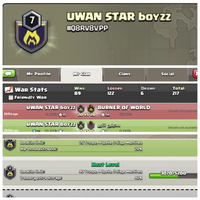 C120◆NAME:UWan star boyzz◆LEVEL:7◆WAR LOG: WINS-89 | LOSS-122◆KYC SELLER◈EXTRA ORDINARY STORE
