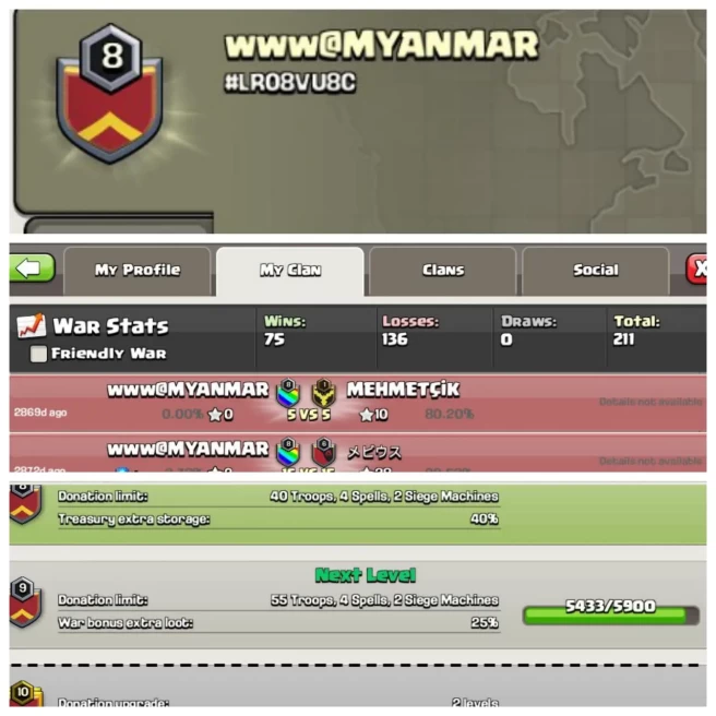 C121◈CLAN NAME:WWWবেMYANMAR◈CLAN LEVEL: 8◈WAR LOG: WINS-75 / LOSS-136◈LOW PRICE IN MARKET◈EXTRA ORDINARY STORE