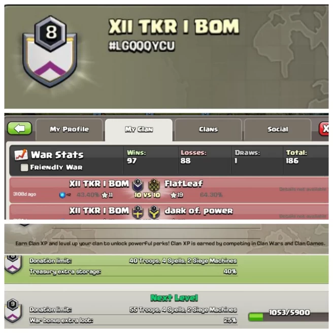 C122▰NAME:XII TKR I BOM▰LEVEL: 8▰POSITIVE WAR LOG: WINS-97 / LOSS-88▰LOW PRICE IN MARKET◈EXTRA ORDINARY STORE
