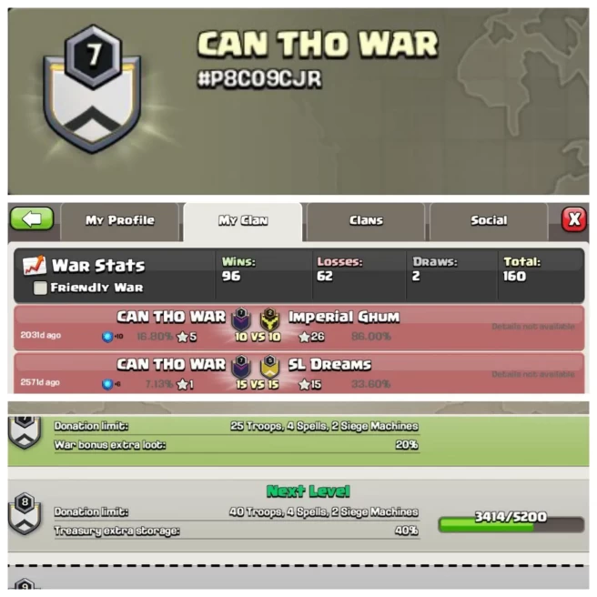 C123◆CLAN NAME:CAN THO WAR◆CLAN LEVEL: 7◆POSITIVE WAR LOG: WINS-96 , LOSS-62◆BEST PRICE◈EXTRA ORDINARY STORE