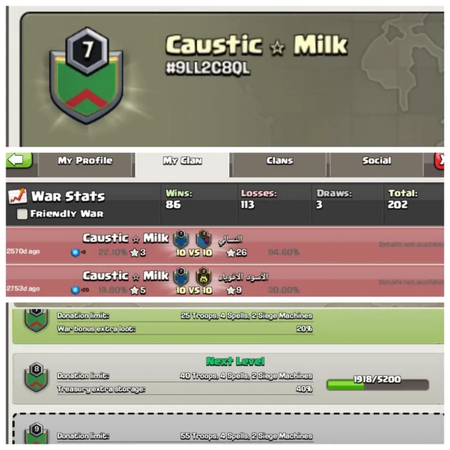 C124◈CLAN NAME: Caustic milk◈CLAN LEVEL:7◈WAR LOG: WINS-86 / LOSS-113◈INTERNATIONAL COC CLAN◈EXTRA ORDINARY STORE
