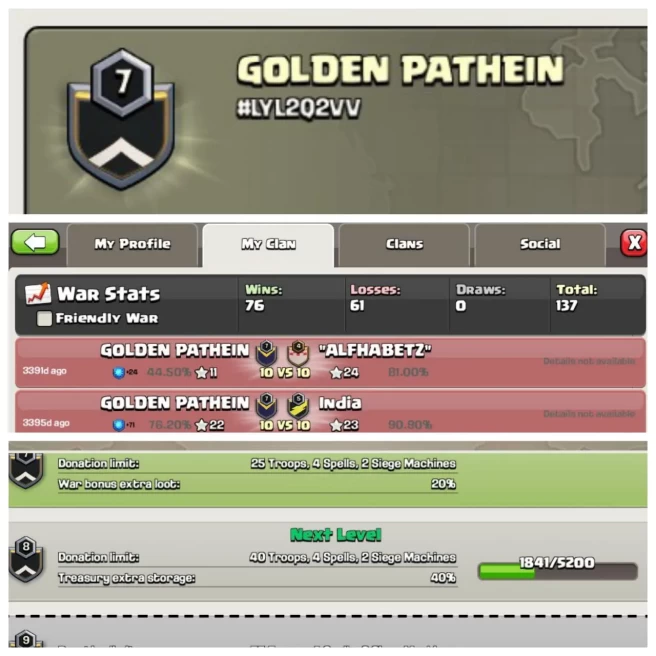 C125▰CLAN NAME:GOLDEN PATHEIN▰CLAN LEVEL:7▰POSITIVE WAR LOG:WINS-76 / LOSS-61▰CLAN FOR SALE◈EXTRA ORDINARY STORE