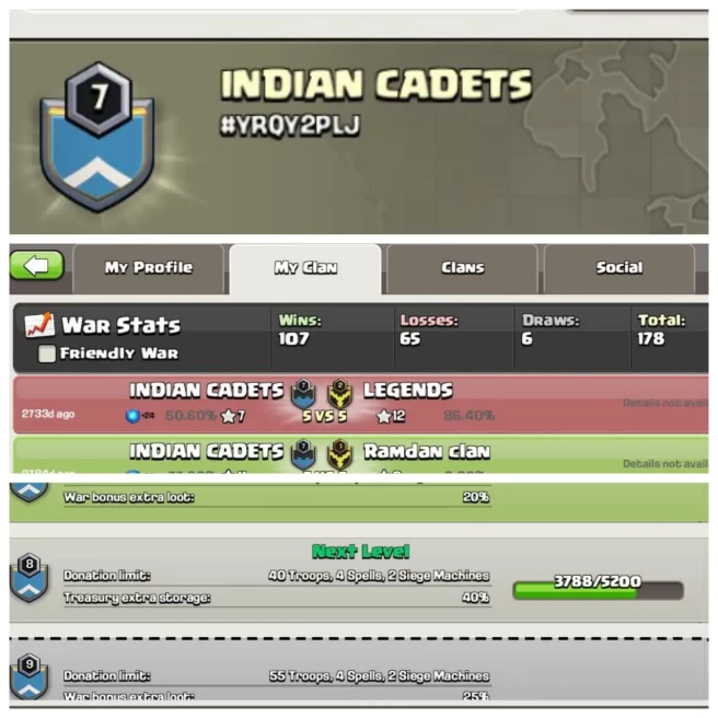 C127◈CLAN NAME:INDIAN CADETS◈CLAN LEVEL:7◈POSITIVE WAR LOG: WINS-107 | LOSS-65◈safe clan transfer◈EXTRA ORDINARY STORE