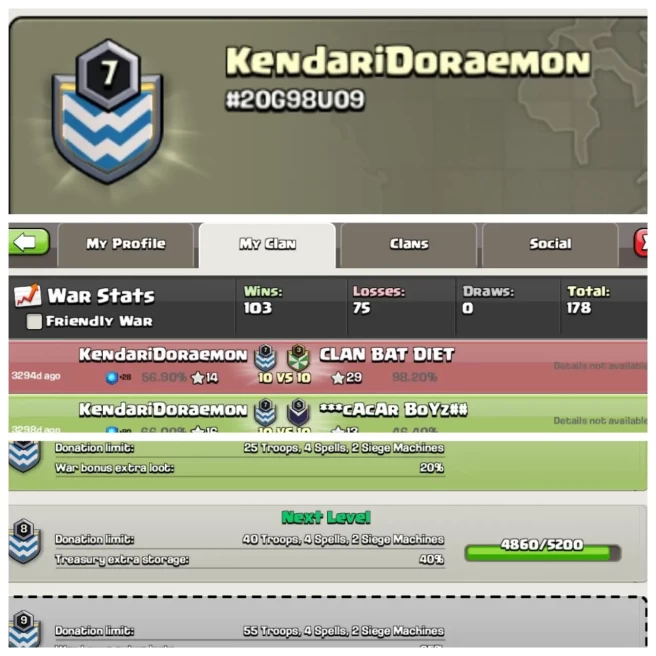 C131◆CLAN NAME:Kendaridoraemon◆CLAN LEVEL: 7◆POSITIVE WAR LOG: WINS-103 / LOSS-75◆BEST PRICE IN MARKET◈EXTRA ORDINARY STORE