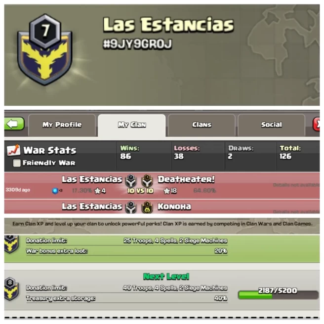 C133▰CLAN NAME: Las Estancias▰CLAN LEVEL: 7▰POSITIVE WAR LOG: WINS-86 / LOSS-38▰TRUSTED SELLER◈EXTRA ORDINARY STORE