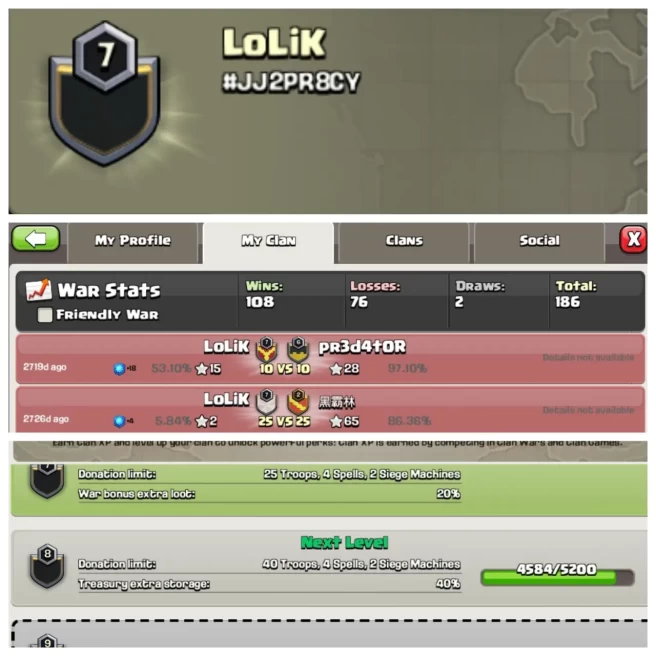 C134◆CLAN NAME: Lolik◆LEVEL: 7◆POSITIVE WAR LOG: WINS-108 | LOSS-76◆CHEAP RATE IN MARKET◈EXTRA ORDINARY STORE