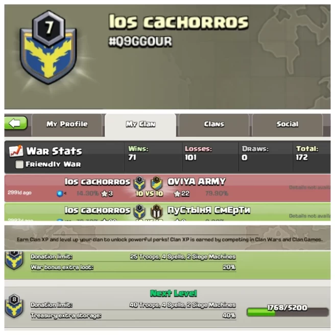 C135◆NAME: iOS cachorros◆LEVEL: 7◆WAR LOG:WINS-71 / LOSS-101◆READY FOR WAR◈EXTRA ORDINARY STORE