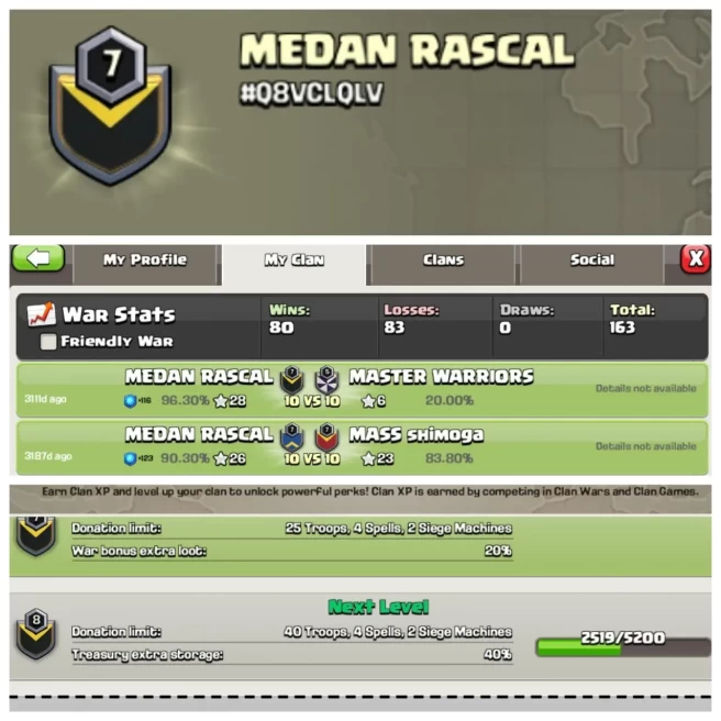 C136▰CLAN NAME: MEDAN RASCAL▰CLAN LEVEL: 7▰WAR LOG: WINS-80,LOSS-83▰INSTANT DELIVERY◈EXTRA ORDINARY STORE