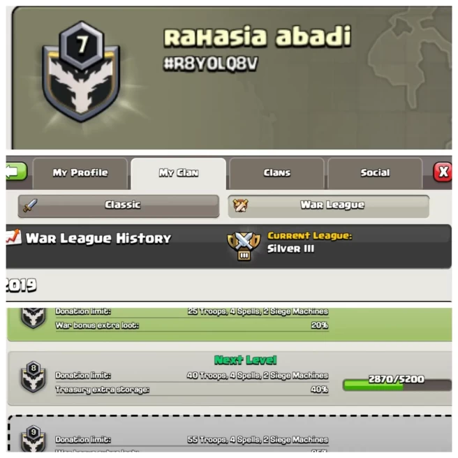 C139◆CLAN NAME: Rahasia abadi◆CLAN LEVEL: 7◆WAR LOG: SILVER 3◆CHEAP RATE IN MARKET◈EXTRA ORDINARY STORE