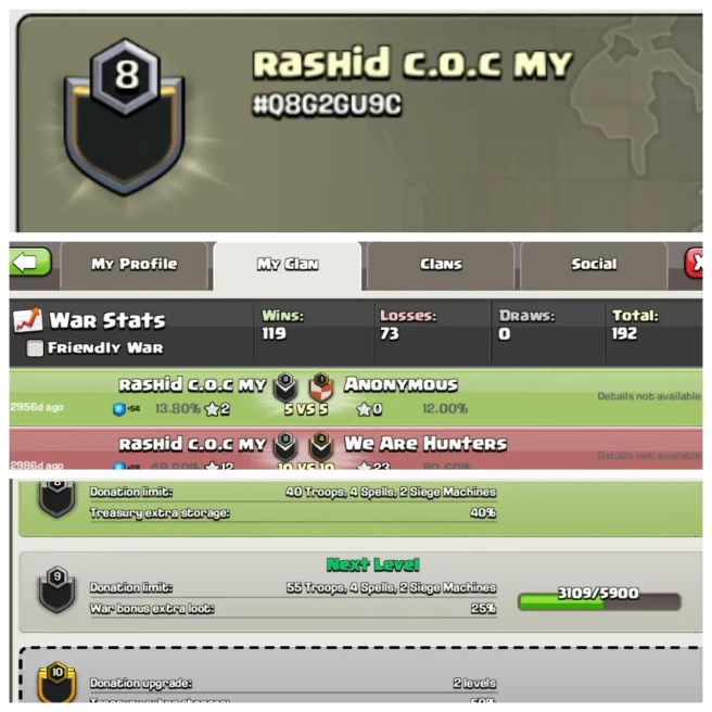 C140▰CLAN NAME: Rashid c.o.c my▰CLAN LEVEL: 8▰POSITIVE WAR LOG: WINS-119,LOSS-73▰READY FOR WAR◈EXTRA ORDINARY STORE
