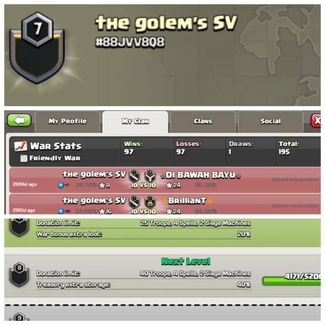 C142◈CLAN NAME: The golem's sv◈CLAN LEVEL: 7◈WAR LOG: WINS & LOSS = 97◈TRUSTED SELLER◈EXTRA ORDINARY STORE