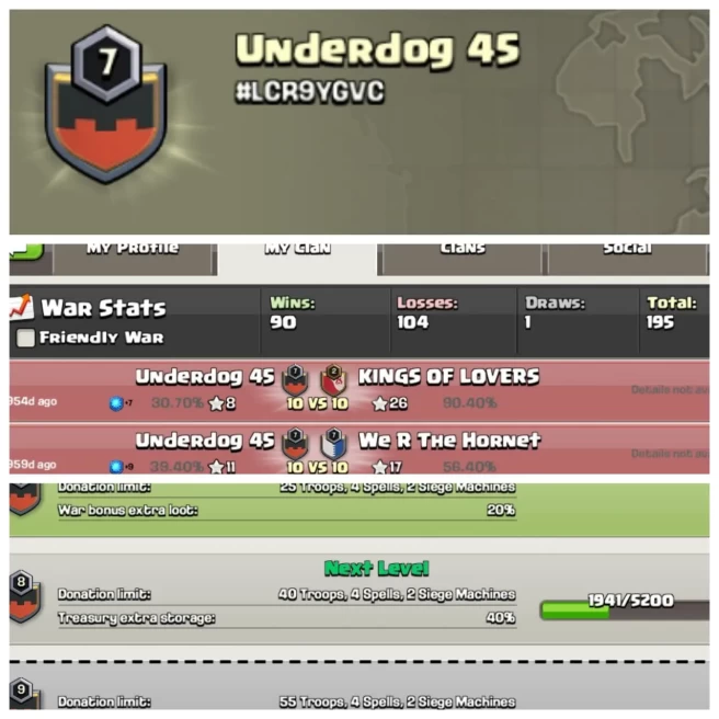C143▰CLAN NAME: Underdog 45▰CLAN LEVEL: 7▰WAR LOG: WINS-90,LOSS-104▰KYC SELLER◈EXTRA ORDINARY STORE