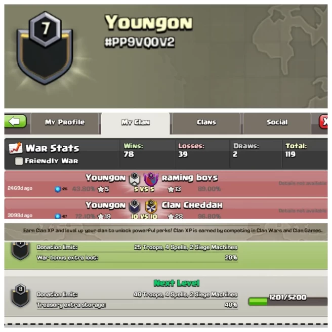 C144◈CLAN NAME: Youngon◈CLAN LEVEL: 7◈POSITIVE WAR LOG: WINS-78 | LOSS-39◈INSTANT DELIVERY◈EXTRA ORDINARY STORE