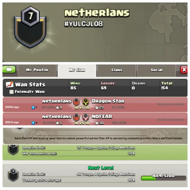C151◆CLAN NAME: Netherlans◆CLAN LEVEL: 7◆POSITIVE WAR LOG: WINS-85,LOSS-69◆CHEAP RATE IN MARKET◈EXTRA ORDINARY STORE
