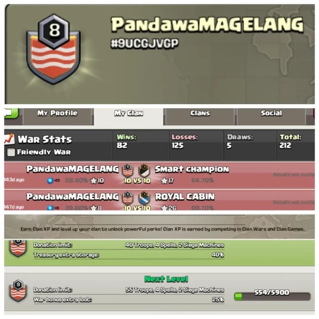 C154◆CLAN NAME: Pandawamagelang◆CLAN LEVEL: 8◆WAR LOG: WINS-82 / LOSS-125◆INSTANT DELIVERY◈EXTRA ORDINARY STORE