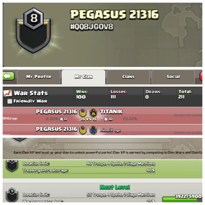 C155▰NAME: PEGASUS 21316▰LEVEL: 8▰WAR LOG: WINS-100,LOSS-111▰READY FOR WAR◈EXTRA ORDINARY STORE