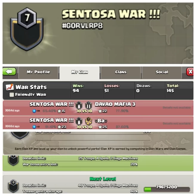C156◆CLAN NAME: SENTOSA WAR!!!◆CLAN LEVEL: 7◆POSITIVE WAR LOG: WINS-94 | LOSS-51◆KYC SELLER◈EXTRA ORDINARY STORE