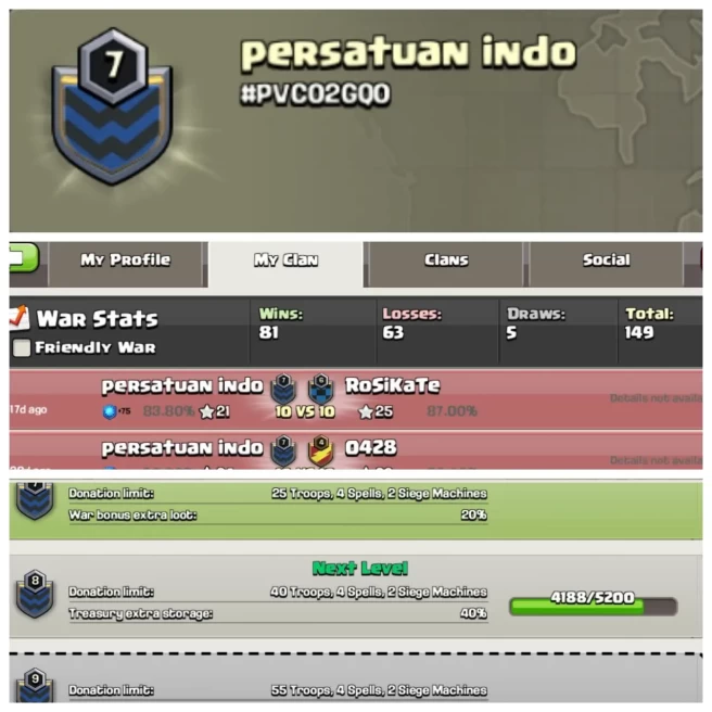 C157▰CLAN NAME: Persatuan indo▰CLAN LEVEL: 7▰POSITIVE WAR LOG: WINS-81 | LOSS-63▰TRUSTED SELLER◈EXTRA ORDINARY STORE