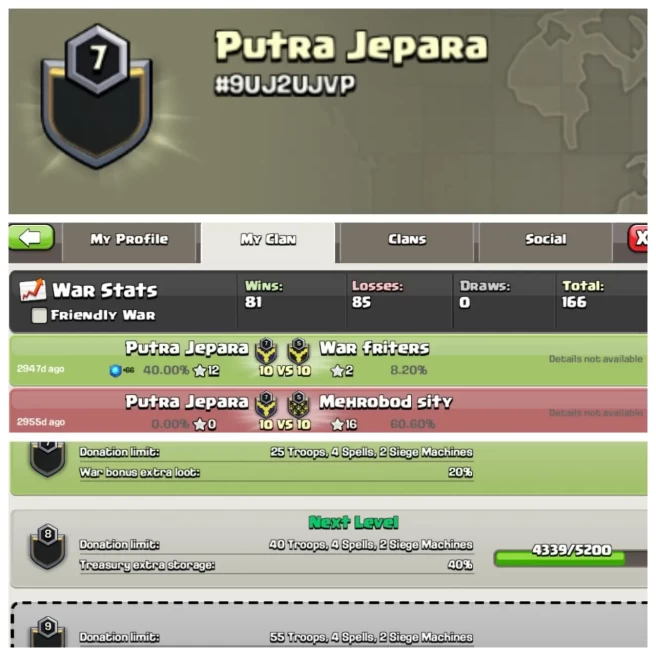 C158◆CLAN NAME: Putra jepara◆CLAN LEVEL: 7◆WAR LOG:WINS-81,LOSS-85◆BEST PRICE IN MARKET◈EXTRA ORDINARY STORE
