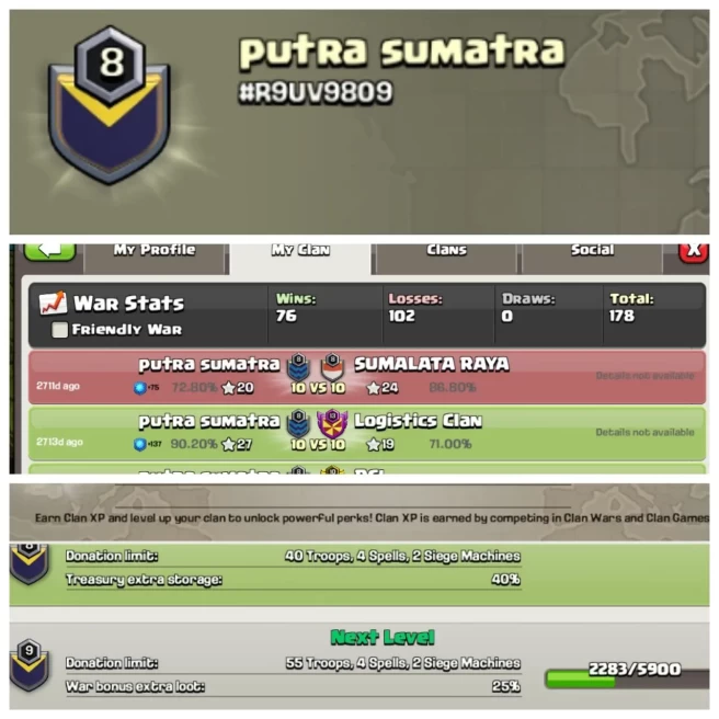 C159▰CLAN NAME: Putra sumatra▰CLAN LEVEL: 8▰WAR LOG: WINS-76 / LOSS-102▰CHEAP RATE IN MARKET◈EXTRA ORDINARY STORE