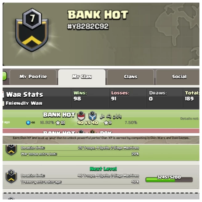 C68◆CLAN NAME: BANK HOT◆CLAN LEVEL: 7◆POSITIVE WAR LOG: WINS-98,LOSS-91◆TRUSTED SELLER◈EXTRA ORDINARY STORE