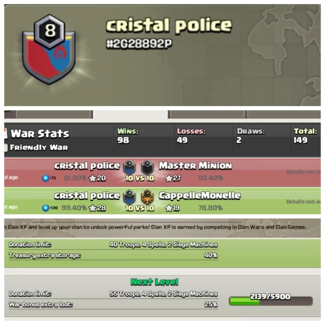C76◈CLAN NAME: Cristal police◈CLAN LEVEL: 8◈POSITIVE WAR LOG: WINS-98 / LOSS:49◈INSTANT DELIVERY◈EXTRA ORDINARY STORE