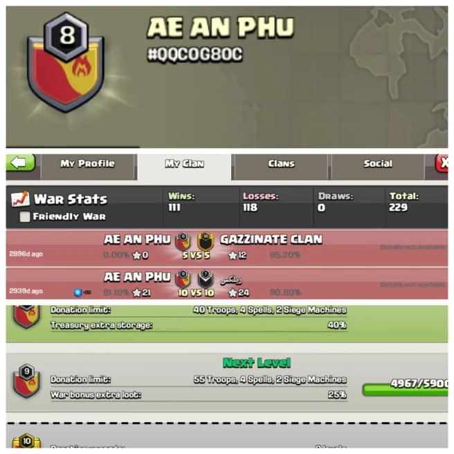 C163▰CLAN NAME: AE AN PHU▰CLAN LEVEL: 8▰WAR LOG: WINS-111 / LOSS-118▰BEST PRICE IN MARKET◈EXTRA ORDINARY STORE
