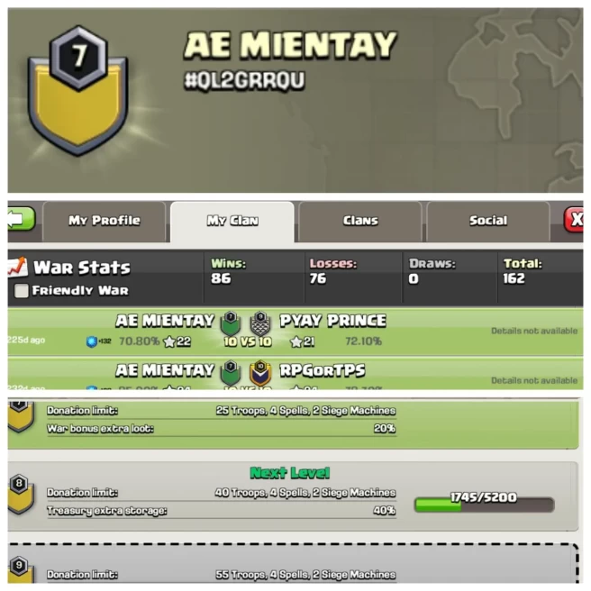 C164◆CLAN NAME: AE MIENTAY◆CLAN LEVEL: 7◆POSITIVE WAR LOG: WINS-86,LOSS-76◆CHEAP RATE IN MARKET◈EXTRA ORDINARY STORE