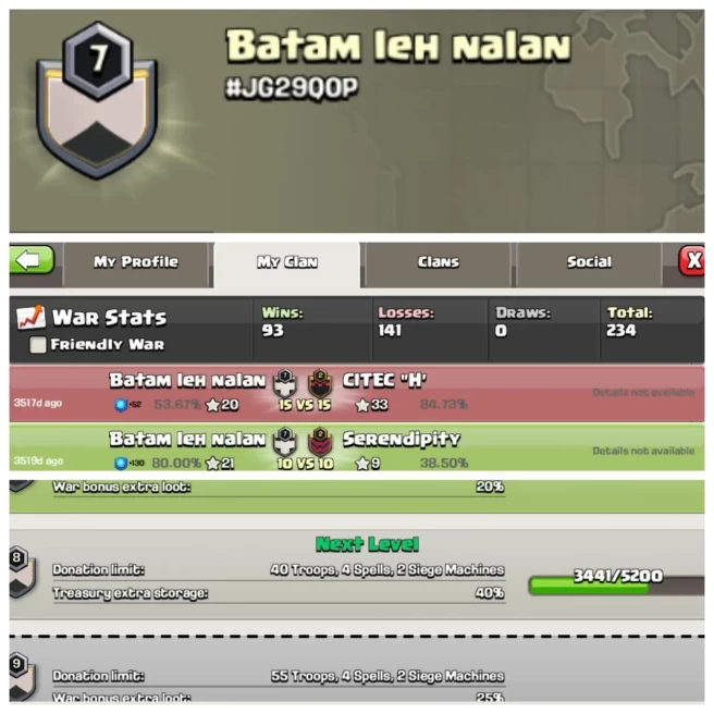 C165◆NAME: Batam leh nalan◆LEVEL: 7◆WAR LOG: WINS-93 / LOSS-141◆BEST PRICE IN MARKET◈EXTRA ORDINARY STORE