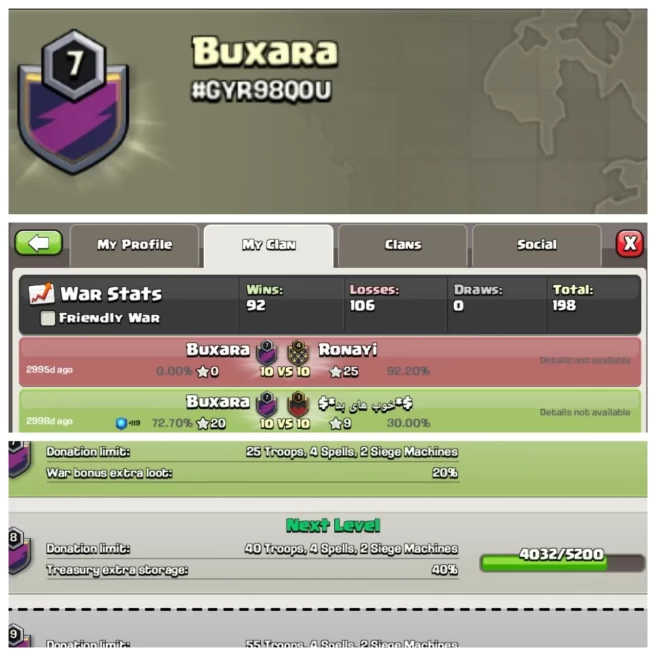 C166▰NAME: Buxara▰LEVEL: 7▰WAR LOG: WINS-92 | LOSS-106▰KYC SELLER◈EXTRA ORDINARY STORE