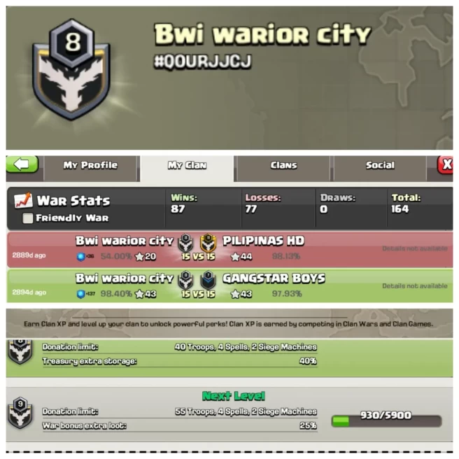C167◆CLAN NAME: Bwi warrior city◆CLAN LEVEL: 8◆POSITIVE WAR LOG: WINS-87,LOSS-77◆BEST PRICE IN MARKET◈EXTRA ORDINARY STORE