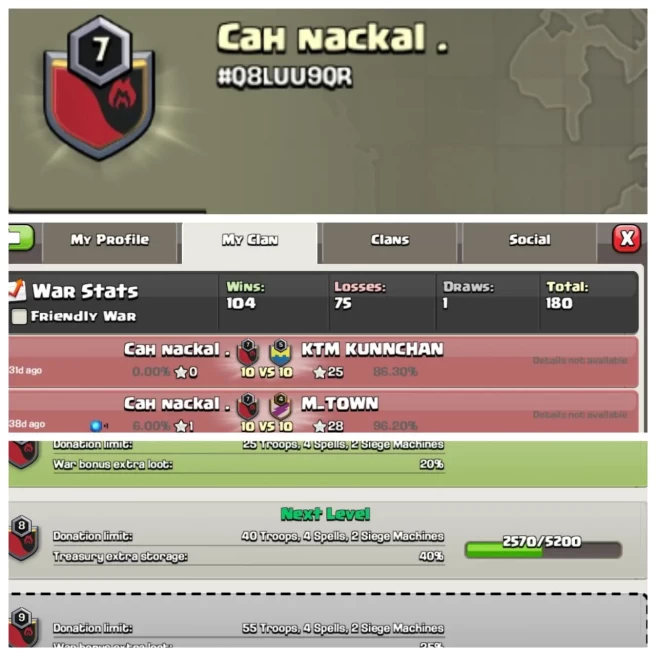 C169▰CLAN NAME :Cah nackal▰CLAN LEVEL: 7▰POSITIVE WAR LOG: WINS-104,LOSS-75▰TRUSTED SELLER◈EXTRA ORDINARY STORE