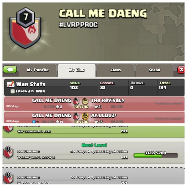 C170◆CLAN NAME: CALL ME DAENG◆CLAN LEVEL: 7◆POSITIVE WAR LOG: WINS-102 / LOSS-82◆BEST RATE◈EXTRA ORDINARY STORE