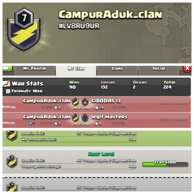 C172▰NAME: Campuraduk_clan▰LEVEL: 7▰WAR LOG: WINS-90 | LOSS-132▰TRUSTED SELLER◈EXTRA ORDINARY STORE